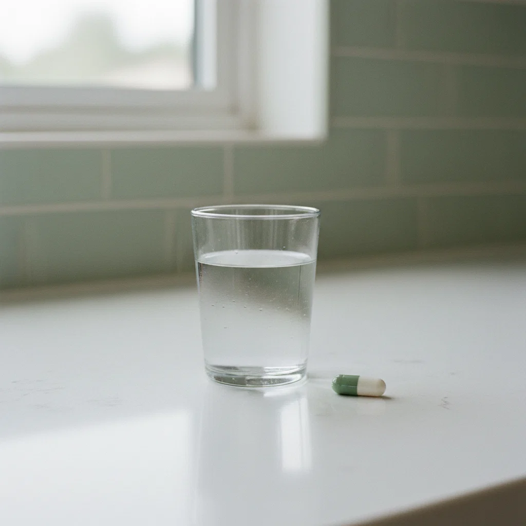 A glass of water and a small capsule on a bright white kitchen counter with morning light coming through a window