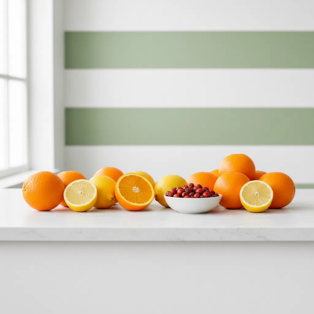 Fresh oranges, lemons and rosehip berries on a white marble surface illustrating natural Vitamin C sources
