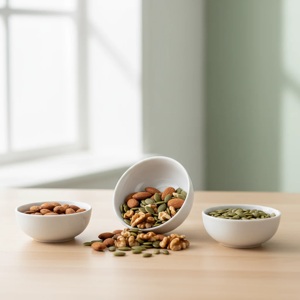 Mixed almonds, pumpkin seeds and walnuts in ceramic bowls on a wooden surface - magnesium-rich ingredient sources